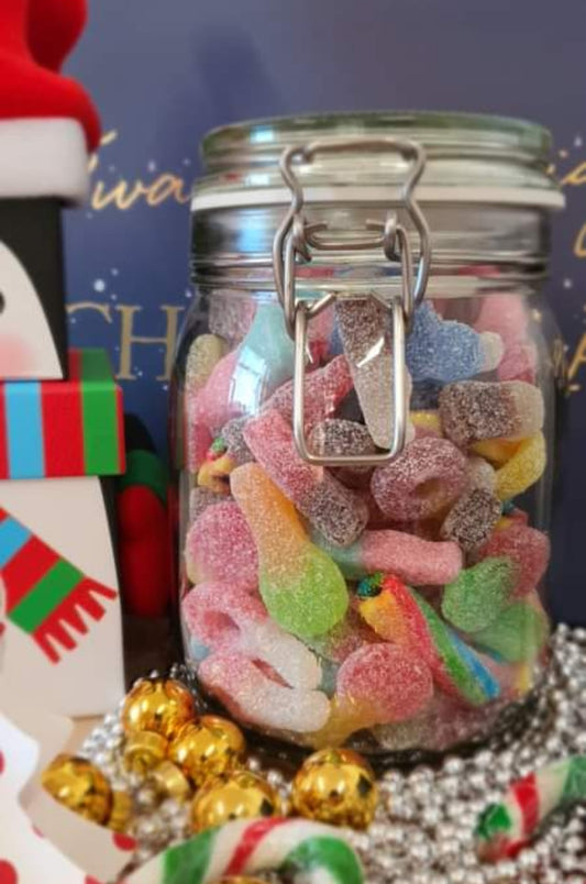 Zero waste refillable glass gift jar of fizzy and sour vegan pick & mix sweets 