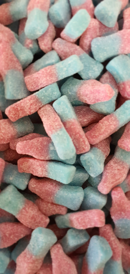 Vegan pink & blue Fizzy Bubblegum Bottles pick & mix sweets sold in 400g or 750g single sweet bags.