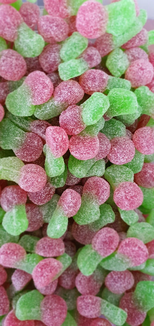 Vegan Fizzy Cherries pick & mix sweets in 400g or 750g compostable, plastic-free pouches.