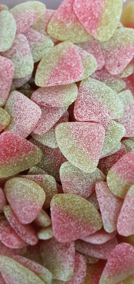 Vegan Sour Watermelon Slices. Gelatine and beeswax free chewy,watermelon flavour sweet slice in 400g or 750g bags.
