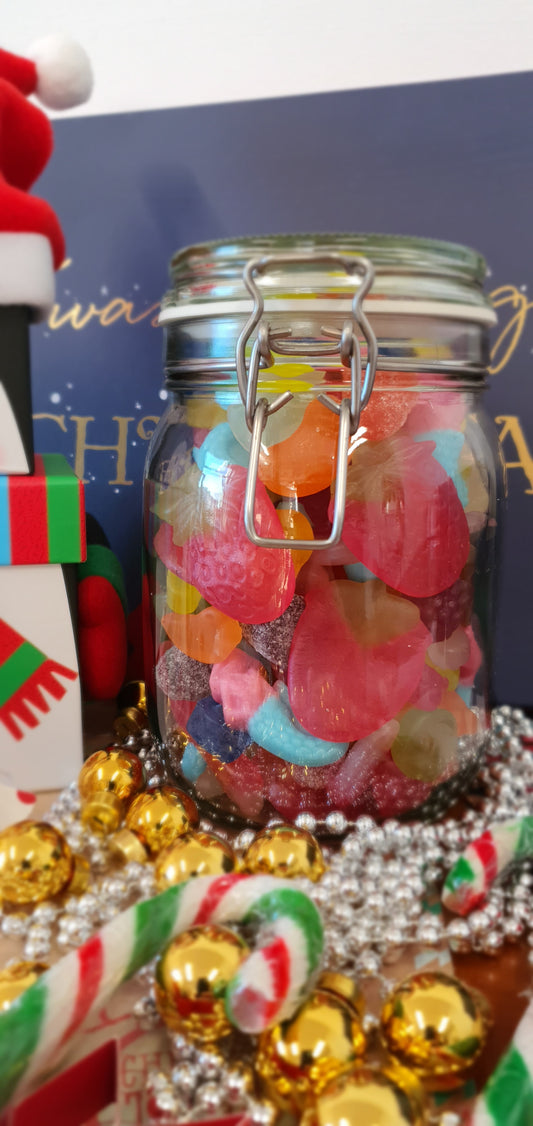 Kilner style glass jar of vegan non-fizzy, fruity & gummy pick & mix sweets, Christmas gift sweet jar 800g