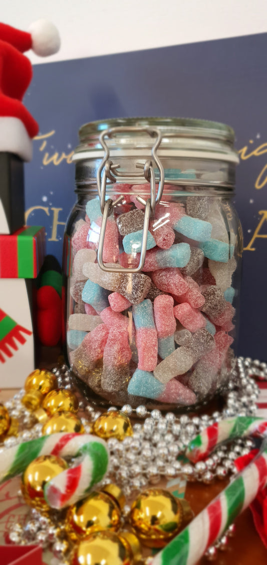 Vegan & palm oil free glass sweet gift jar of Fizzy Cola Bottles, Fizzy Cherry Cola Bottles and Fizzy Bubblegum Bottles mix, 800g