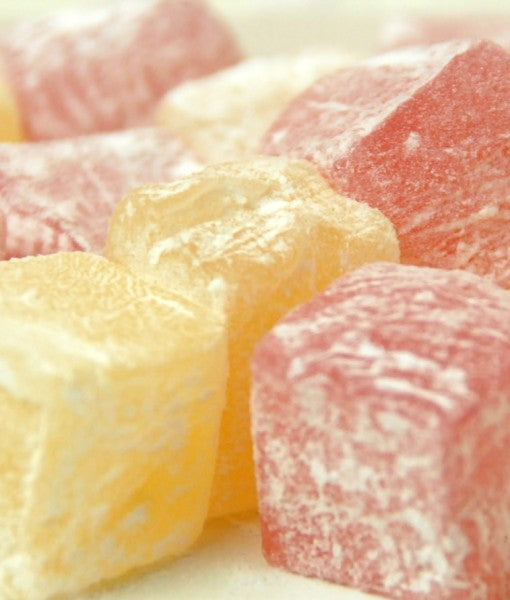 Vegan & gluten free (GF) lightly scented rose & lemon flavour Turkish Delight pieces, 400g bag